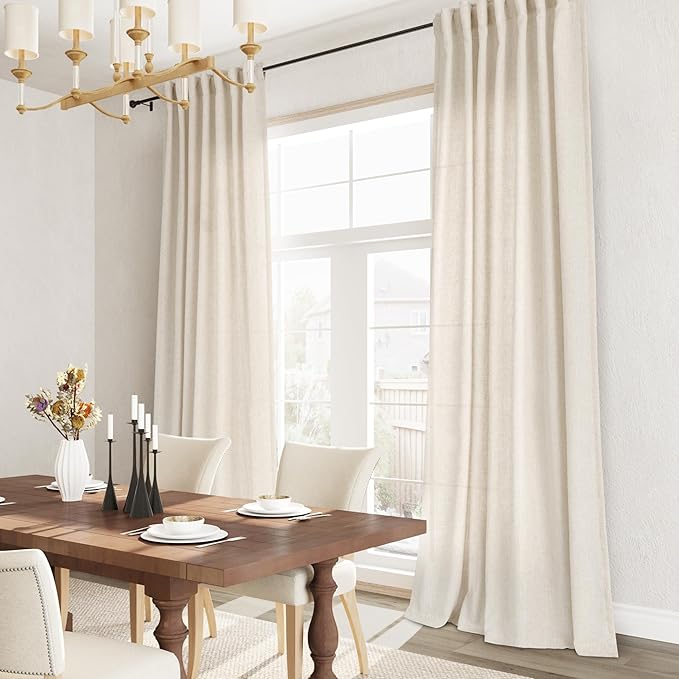 Joywell Beige Linen Back Tab Rod Pocket Linen Curtains 108 Inches Long 2 Panels for Living Room Bedroom Neutral Boho Farmhouse Rustic Light Filtering Semi Sheer Curtains Window Treatment 52x108