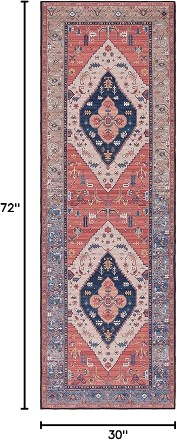 SAFAVIEH Washable Rug Tucson Collection - 2'6' x 6' Runner, Rust & Blue, Slip Resistant & Easy to Clean, Ideal for Hallway, Foyer, Entryway, Bedroom (TSN153P)