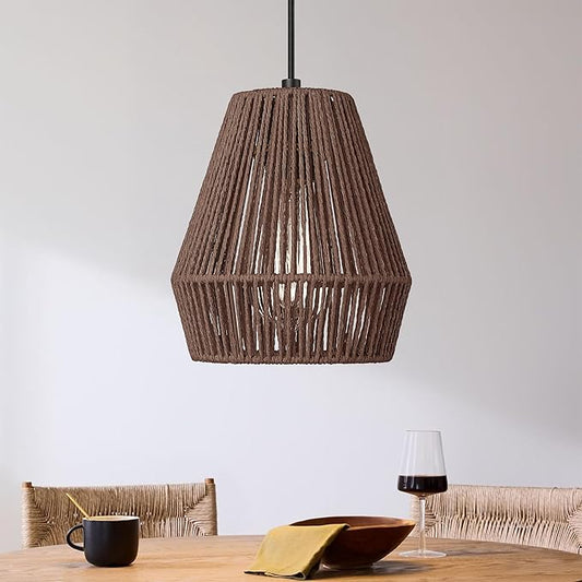 ELYONA Woven Pendant Lights 7” Rustic Rattan Hanging Lamp Adjustable Handwoven Basket Shade Boho Pendant Light Fixtures for Kitchen Island Dining Room Bedroom Farmhouse Bar Foyer Hallway Dark Brown