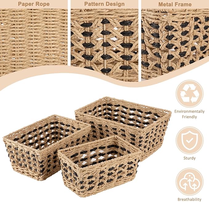 OIAHOMY Wicker Storage Baskets, Paper Rope Shelf Bins, Decortive Baskets for Organizing, Set of 3-Yellow & Black