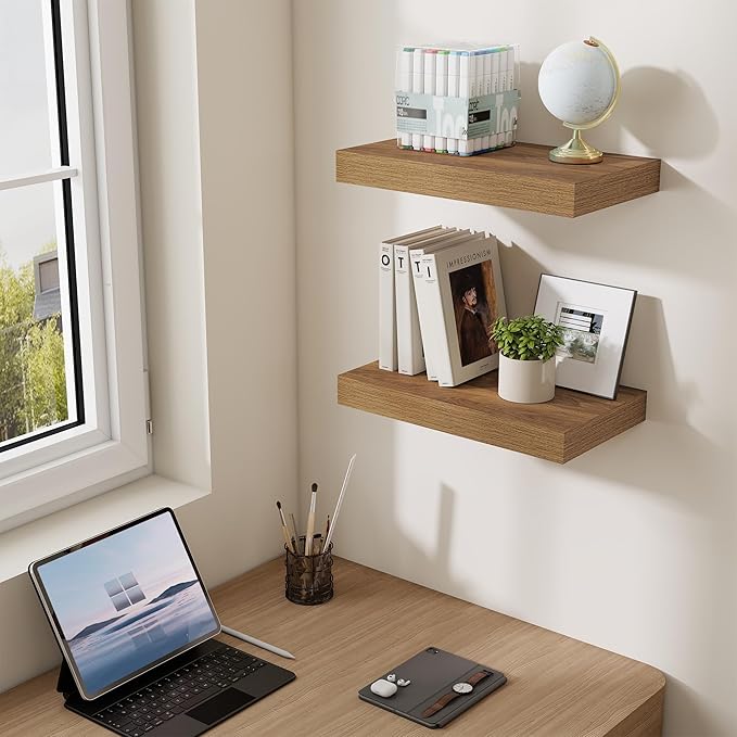 Dreamland 16 Inches Floating Shelves for Wall,6.7 Inch Deep Floating Shelves Set of 2, Large Display & Storage Shelf, Wall Shelf for Bathroom Bedroom Living Room Kitchen Office,Walnut