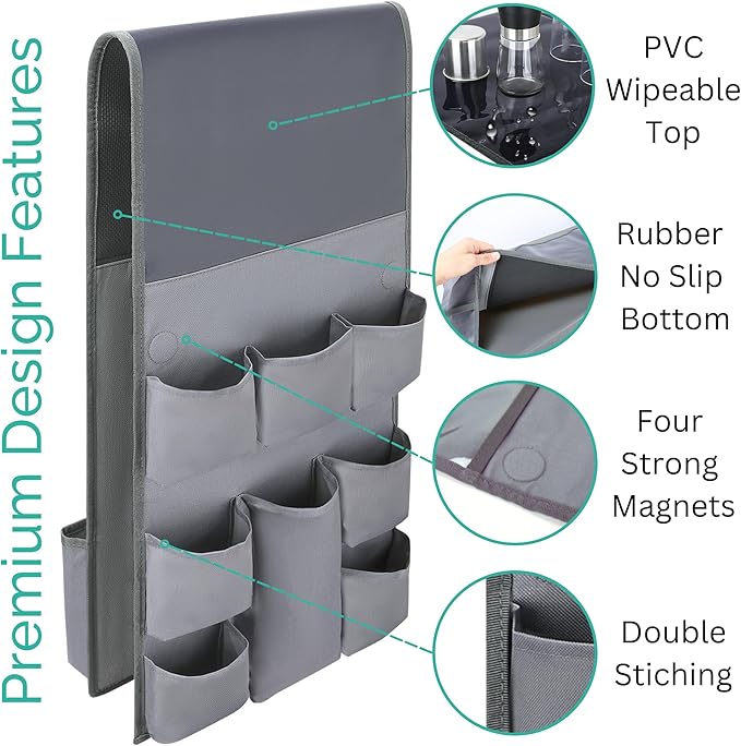 Mini Fridge Organizers and Storage - College Dorms Must Haves - Large Pockets with Dividers Holds Pantry Goods, Utensils, Paper Towel, Plastic Wrap Ideal Mini Fridge Shelf for Dorm and Office (Grey)…