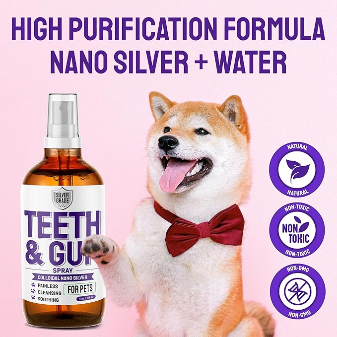 Dog Breath Freshener Teeth & Gum Spray for Pets – Cat Teeth Cleaning Spray Helps with Plaque, Tartar, and Caries – Colloidal (Nano) Silver + Deionized Water – 4 Oz Bottle
