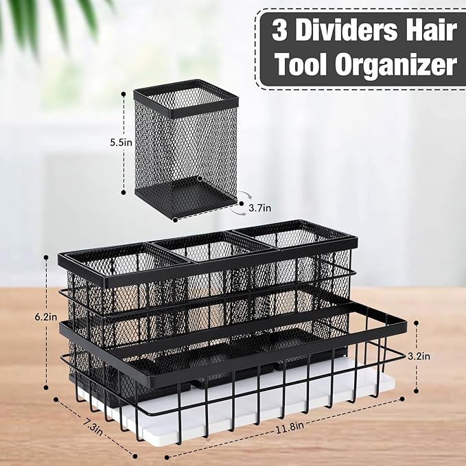 1 Pcs 1pcs Hair Tool Organizer Countertop Breathable Metal Bamboo Hot Tools Vanity Organizer Under Sink Bathroom Hair Dryer Holder Countertop Brush Comb Holder Tray (White Bamboo,Black)