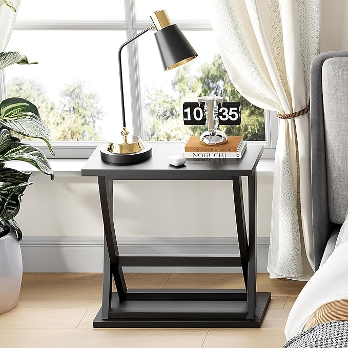 ChooChoo Black End Table, Narrow Side Table with Storage Shelf, Modern X-Design Slim Bedside Tables for Living Room, Bedroom, Small Spaces
