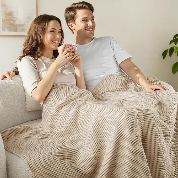 Exclusivo Mezcla 100% Cotton Waffle Weave Blanket King Size, Soft, Lightweight and Breathable Muslin Gauze Blanket for Bed, All Season, 90"x104", Khaki