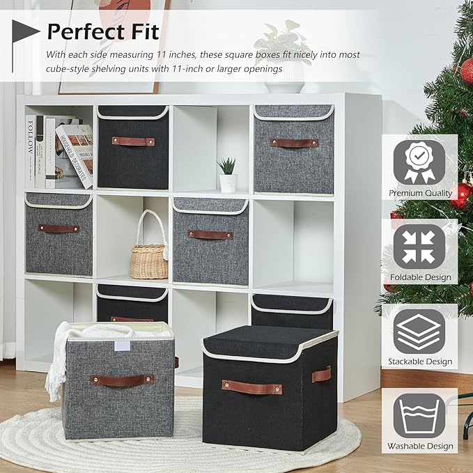 2PCS Storage Cubes with Lid Fabric Storage Bins Boxes PU Leather Handles Cotton Linen Closet Organizer Container Decorative Foldable Washable Shelf Cloth Basket (Flip-top Lid, Black, 11in)
