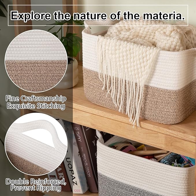 OIAHOMY Woven Storage Basket for Shelves, Rectangle Cotton Rope Baskets for Organizing, 16.5 x 13 x 10 in, Storage Bins for Dog Toys,Towel,Books,Gift,Brown and White