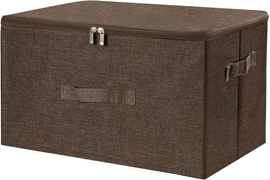 ANMINY Storage Bins with Zipper Lid Storage Boxes with Handles PP Plastic Board Foldable Lidded Cotton Linen Fabric Home Cubes Baskets Closet Clothes Toys Organizer Containers - Coffee, Medium Size
