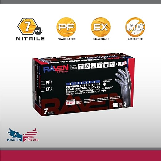 SAS Raven Patriot Powder-Free Nitrile Disposable Gloves | 7 Mil - XL | Black, 10 Boxes of 100| Latex Free, Compression Fit, Textured Grip | Paint, Automotive, Industrial, Janitorial, Food Service