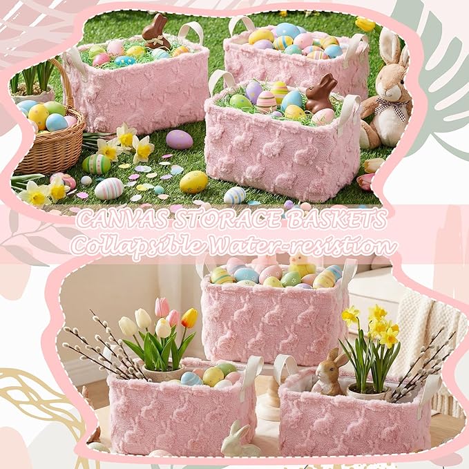 Kathfly Pink Rabbit Storage Baskets Easter Bunny Laundry Basket Plush Faux Fur Jacquard Design with Handles Waterproof Storage Bins Fabric Shelf Baskets for Easter Party Decorations