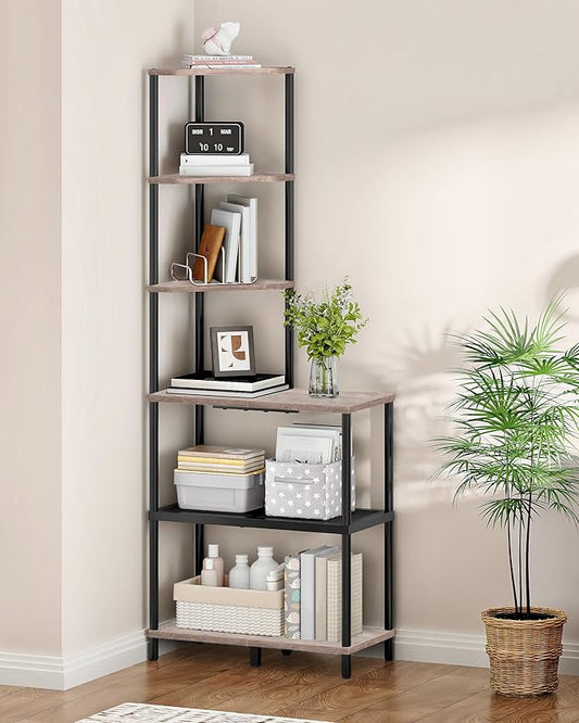 6-Tier Corner Shelf, Industrial Corner Bookshelf with Desk Top, Diamond-Shaped Storage Shelves, Display Stand for Small Spaces, Living Room, Home Office, Foyer, Greige and Black TCJ70BG