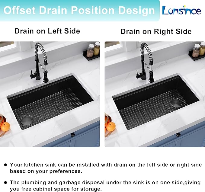 Black Undermount Kitchen Sink,16 Gauge Stainless Steel Sinks,Single Bowl Workstation Sink,Modern Kitchen Sink Offset Drain (23" X 18")