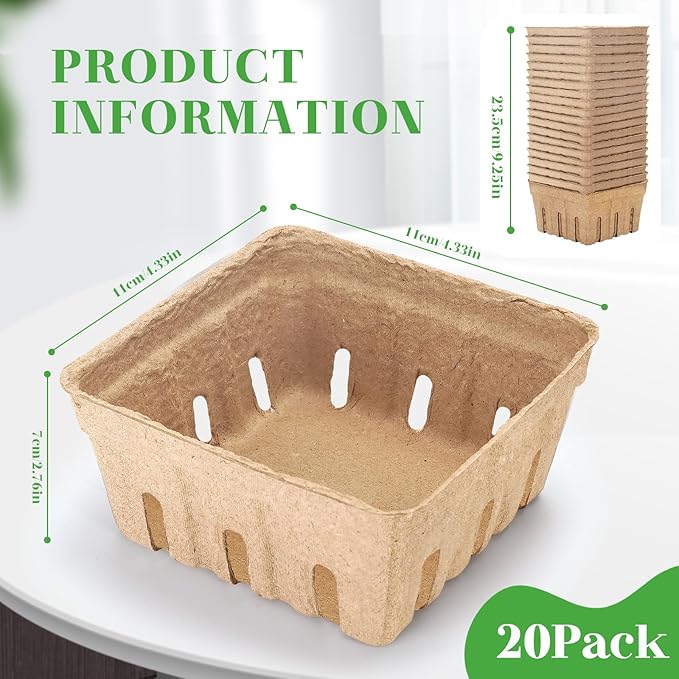 20 Pack Natural Pulp Fiber Berry Basket,Small Molded Produce Vented Basket Kitchen Supplies for Strawberry Blueberry Raspberry, Fruit Tray for Fruit Vegetable Farmer Market Grocery(1Pint)
