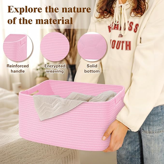 2 Pack Large Storage Basket for Organizing, 17.5"x13"x7" Woven Basket for Shelves, Closet Cube Storage Bins with Wrapped Handle, Cotton Rope Baskets for Kitchen, Clothes, Toys(Light Pink)