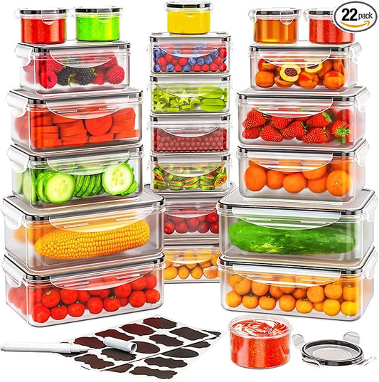 44 PCS Food Storage Container with Lid (22 Lids & 22 Containers) - Leakproof Meal-Prep Containers for Kitchen Storage Reusable Plastic Microwave/Dishwasher Safe with Labels & Pen