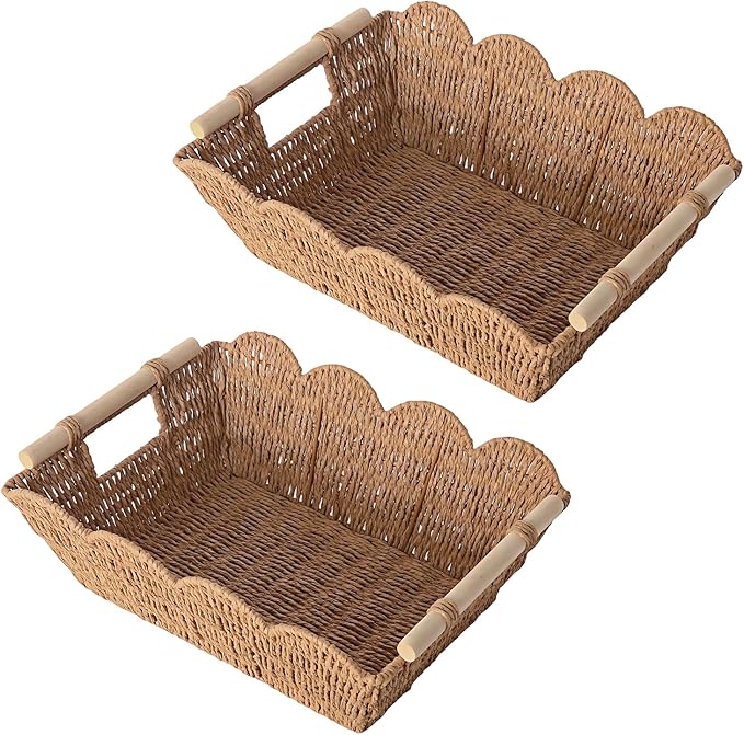 Scalloped Basket with Wooden Handle, Water Hyacinth/Seagrass/Wicker Storage Baskets, Hand Woven Baskets for Shelves,Natural Baskets for Organizing (2 Pack Paper Rope, 16.5 * 12.6 * 5.5“)
