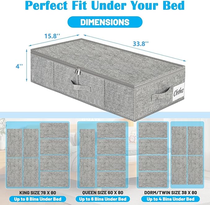 Under Bed Storage Container Bins 2 Pack, 4 Inch Thin Low Profile Underbed Clothes Storage Organizer for Dorm & Home, Use for Blanket and Toy Storage Box W/ Sturdy Bottom/Sides, Foldable Thick Fabric