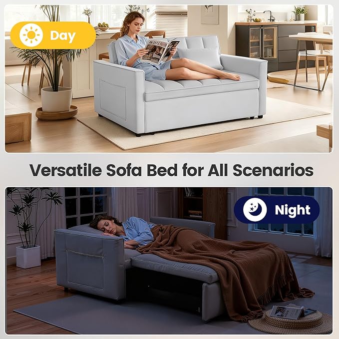 Convertible Sofa Bed, Love Seat Sleeper Bed with Side Pockets, 3 in 1 Velvet Fabric Pull Out Couch with Adjustable Backrest for Living Room, Bedroom, Apartment, Gray
