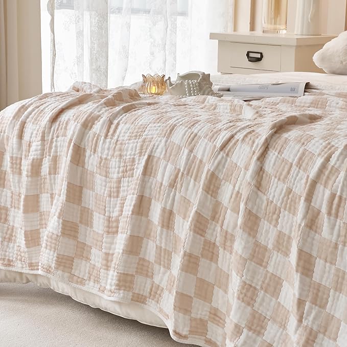 Ultra Soft Cozy 6-Layer Muslin 100% Cotton Checkered King Size 90"x104" Bed Blanket Breathable Lightweight Checkboard Bed Blankets Decorative for Sofa Bed All Seasons Both Sides Cream