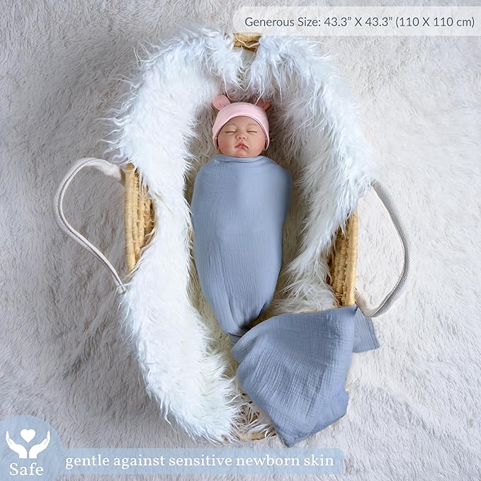 Meracorallo Muslin Swaddle Blanket, 100% Cotton Receiving Blanket Soft and Breathable Swaddle Wrap for Baby Boys and Girls, Placid Blue