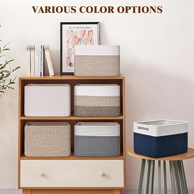 Storage Baskets for Organizing, 4 Pack Baskets for Shelves, Decorative Storage Bins for Shelves, Cotton Rope Storage Basket with Handles, Woven Basket for Storage, 13''Lx8.7''Wx7.9''H, Pink