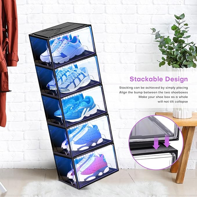 Shoe Storage Organizer for Closet, Foldable Shoe Boxes Rack 2 pack, Clear Plastic Stackable Containers Bins Holder, Magnetic Sneaker Shelf for Sneakerheads with LED Lights (Black)