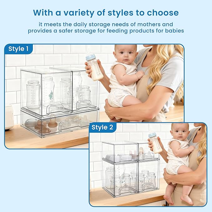 Baby Bottle Storage Organizer - Acrylic Storage Containers, Clear Stackable Drawer Baby Bottle Station Organizer for Countertop Cabinet, BPA-Free, Lead-Free (2 Small+2 High, Clear)