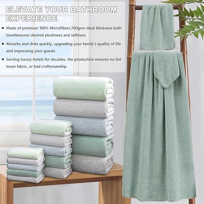 8-Piece Premium Towel Set for Bathroom|2 Oversized Large Bath Sheet,2 Hand Towels,4 Washcloths|Soft Cozy Highly Absorbent Fast Dry Microfiber Shower Towel Set for Hotel Bathroom Essentials,Green