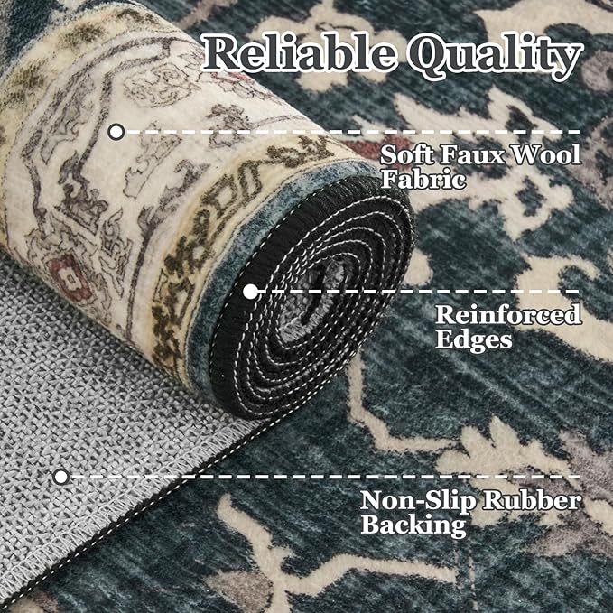 Vintage Distressed 2x3 Kitchen Rugs Washable Non Slip, Medallion Door Mat Indoor Entrance Entryway, Small Low Pile Rugs for Bedroom/Bathroom Vanity/Laundry Room, Midnight with Multi Accents