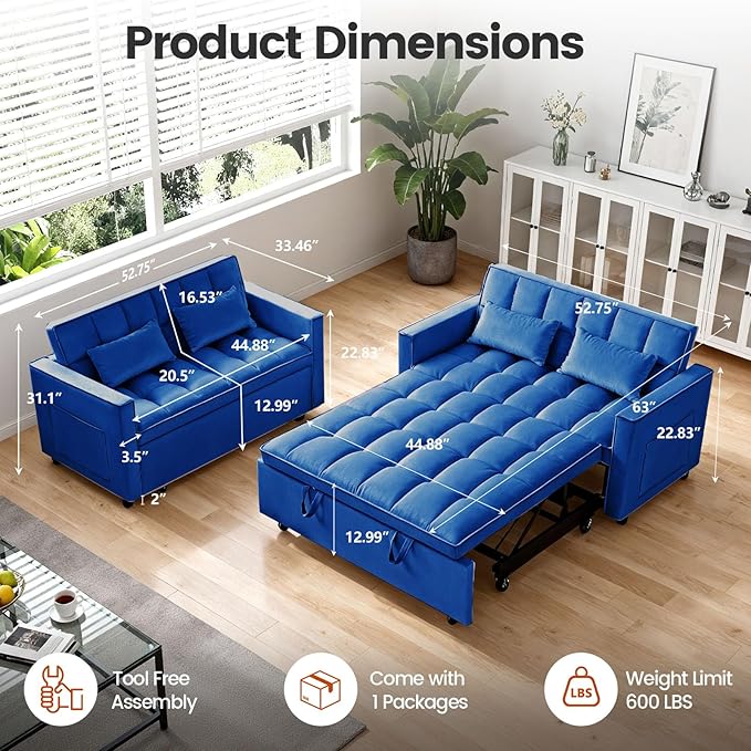 Convertible Sofa Bed, Love Seat Sleeper Bed with Side Pockets, 3 in 1 Velvet Fabric Pull Out Couch with Adjustable Backrest for Living Room, Bedroom, Apartment, Blue