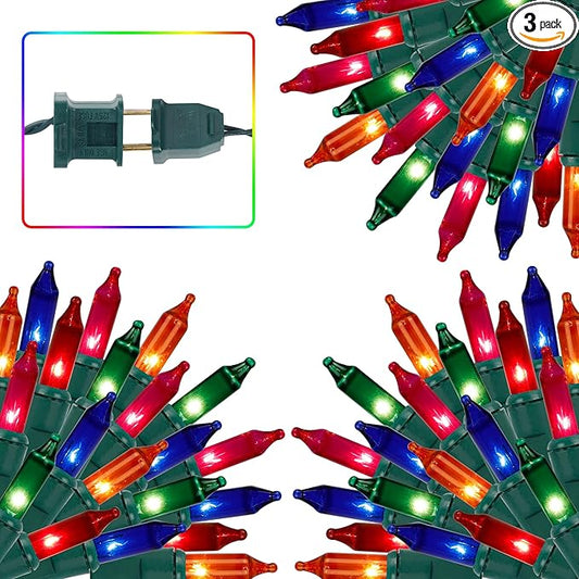 3 Sets Christmas Lights, 150 Count 33 FT Each Mini String Lights, Green Wire Fairy Lights, 120V UL Certified Connectable Xmas Tree Light for Holiday Winter Patio Party Outdoor Decoration, Multicolor