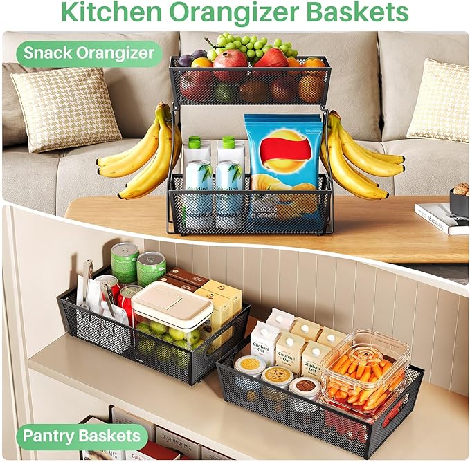 2 Tier Fruit Basket Bowl for Kitchen Counter with 2 Banana Hangers, Countertop Metal Mesh Basket Stand Fruit Holder for Veggies Onion Potato Bread Snack, Black