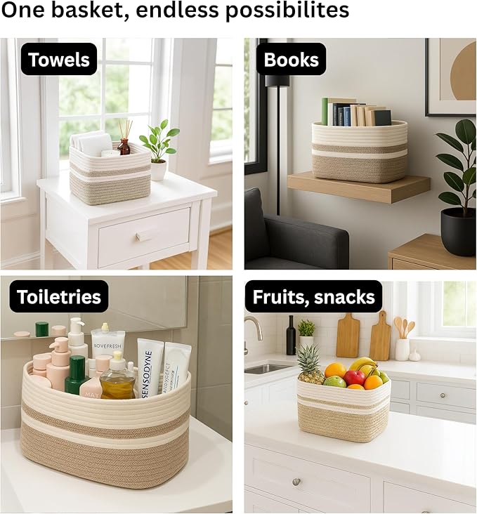 Cotton Rope Baskets for Organizing and Storage, Woven Decorative Baskets for Shelves, Books, Closets. Storage Bins for Living Room, Bedroom | Pack of 3 | Beige