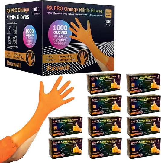 Raxwell Orange Nitrile Gloves 8.5 Mil - Powder-Free Puncture-Resistant Protection - Diamond-Texture Work Gloves with Grip