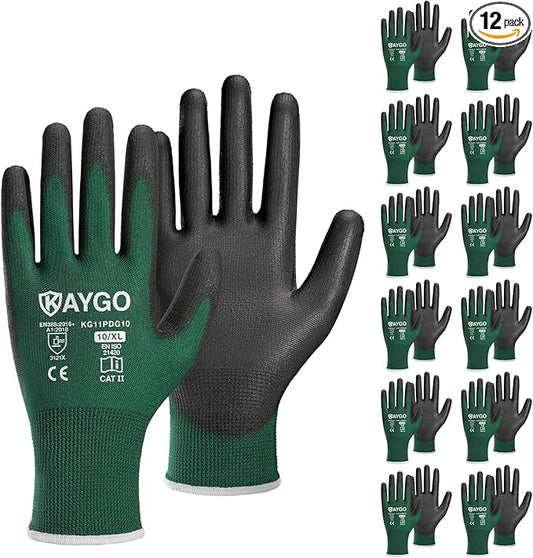 KAYGO Work Gloves for Men and Women,12 Pairs Seamless Knit PU Coated Safety Gloves, with Smooth Grip on Palm and Fingers, Ideal for Light Warehouse, Manufacturing, Gardening, KG11P (XL,Dark Green)