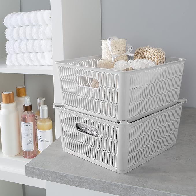 Simplify 2Pk Large Slide 2 Stack It Tote Basket | Storage & Organization | Open Bins with Stackable Capability | Bathroom | Crafts | Pantry | Playroom | Office | Grey