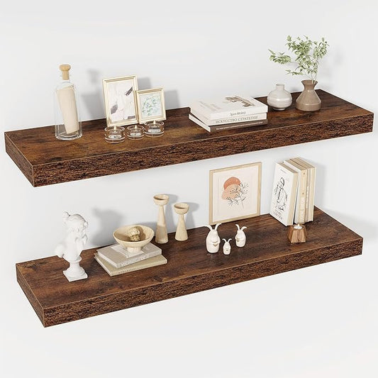 40 Inch Floating Shelves, 12" Deep Floating Shelf Wall Mounted, 40" Wall Shelves, Rustic Deep Bookshelf, Extra Deeper & Thicker Display Shelves for Bedroom, Living Room, Brown, Set of 2