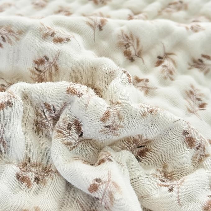 Muslin Throw Blanket 100% Cotton 6-Layer Gauze Floral Pattern Cooling Blanket Lightweight Soft Breathable Quilt for All Season Both Sides for Sofa Couch (Leaves Tan, Throw 50"x60")