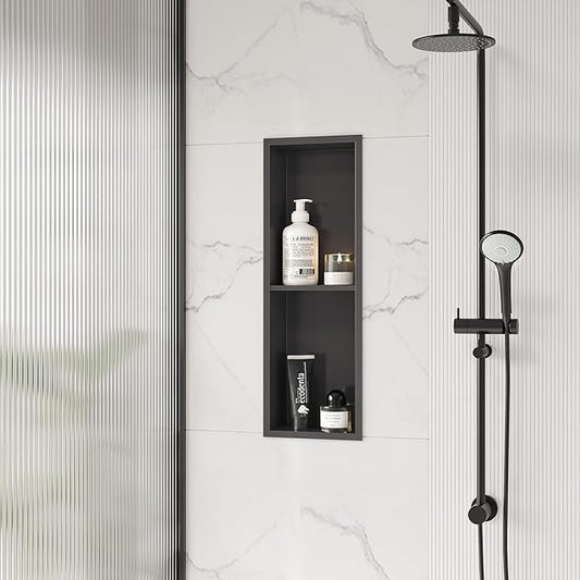 Stainless Steel Shower Niche 24" X 8", No Tile Needed Wall Niche Double Shelves, Recessed Shower Shelf for Bathroom Storage, Gun Metal
