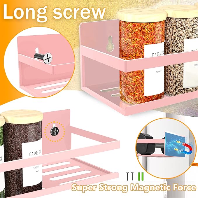 Magnetic Spice Rack Organizer for Fridge Seasoning Organizer for Kitchen Storage With Screw Magnetic Shelf for Oven, RV,Garage,Bathroom (Pink-1, 4pack)