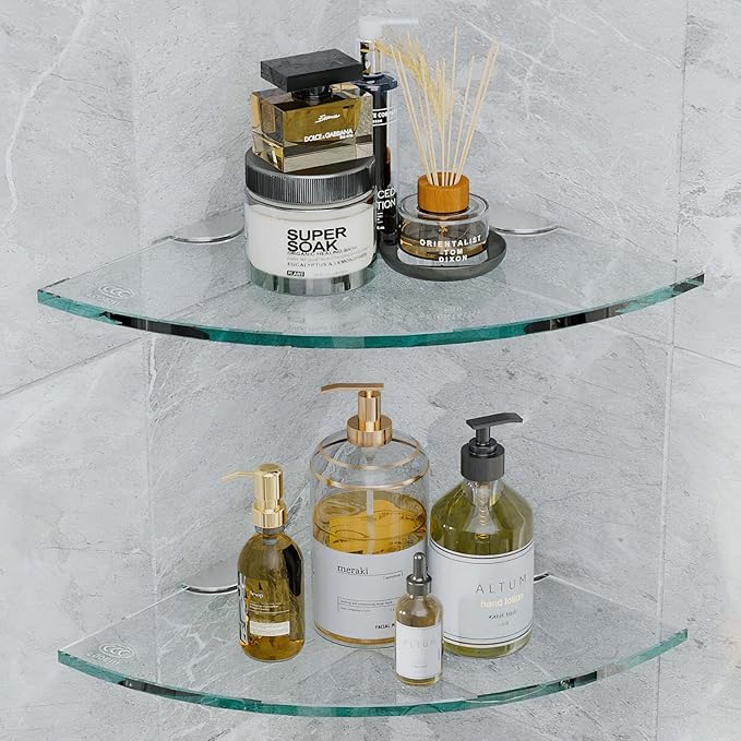 Set of 3 Shower Wall Mount Tempered Glass Shelves - Corner Shelf for Shower Organizer, No Drilling, Adhesive Mount