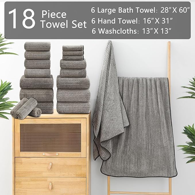 18 Piece Bath Towels Set,100% Microfiber Family Bathroom Towel with Hanging Loops-6 Bath Towels,6 Hand Towels,6 Washcloths,Quick Dry Highly Absorbent Shower Towel for Bathroom,Hotel,Spa-Brown