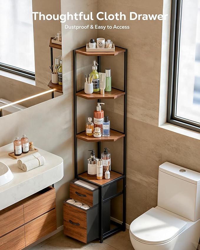 Corner Shelf Stand 6-Tier - 63.8" Tall Corner Bookshelf with Storage Drawers
