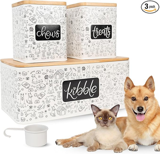 A&N Essentials 3-Piece Pet Food Storage Container Set – Airtight Galvanized Steel with Bamboo Lids – Holds Up to 6 lbs Kibble & 6 Cups Treats for Dogs & Cats