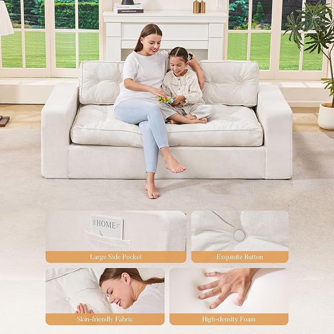 Hobestluk 3-Seater Sofa Boneless Couch with Tufted Button Design 2 in 1 Comfy Cloud Couch Oversized Sofa for Living Room Bedroom Apartment or Office (Beige, 3 Seater)