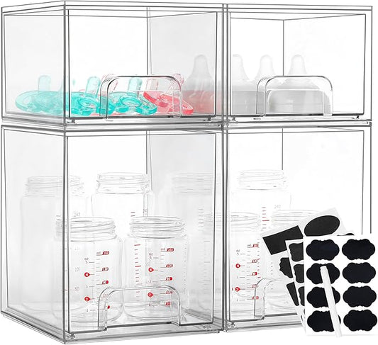 Baby Bottle Organizer, 4 Pack Bottle Storage Organizer Baby with Labels, Clear Stackable Storage Drawers for Bottles, Nipples, Pump Parts, Bottle Station Organizers for Countertop and Cabinet