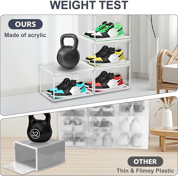 14 Pack Clear Shoe Boxes Size 12 Shoe Storage Organizer for Closet Stackable Shoes Rack Handbag Organizer Plastic Sneaker Storage Bin with Magnetic lids