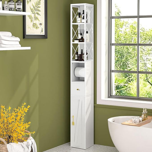 VECELO Tall Narrow Storage Cabinet with X-Frame Metal Design, Slim Freestanding Bathroom Cabinet with Toilet Paper Holder, Magnetic Door & Drawer, for Small Spaces, 7.9" D x 7.9" W x 67" H, White