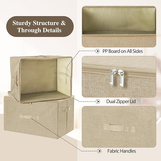 ANMINY Storage Bins with Zipper Lids 36 Qt Lidded Fabric Storage Boxes Baskets Cubes with Handles Collapsible Washable Cotton Linen Closet Shelf Clothes Organizer Containers - Beige, Large